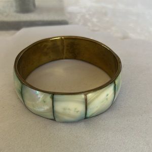 Shell Mother of Pearl Brass Bangle Bracelet with Green Tint